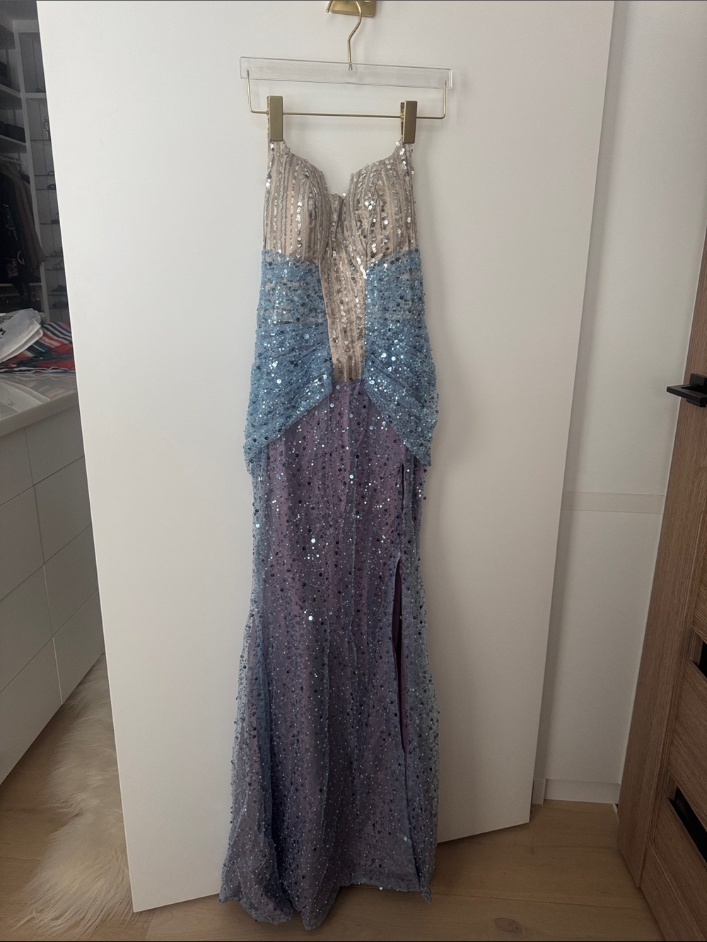 Strapless Sequin Ombre Evening Gown in Silver, Light Blue, Lavender